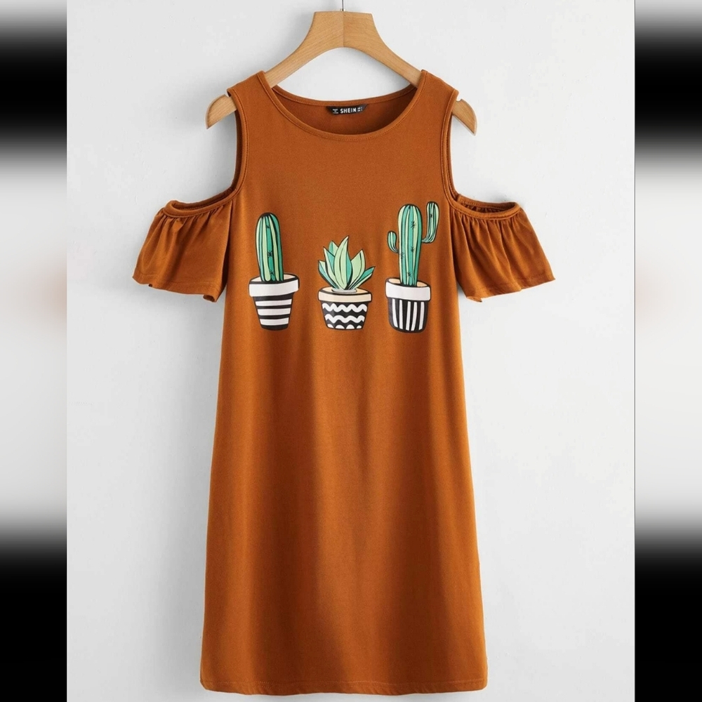 Brown Cold Shoulder Dress with Cactus Print